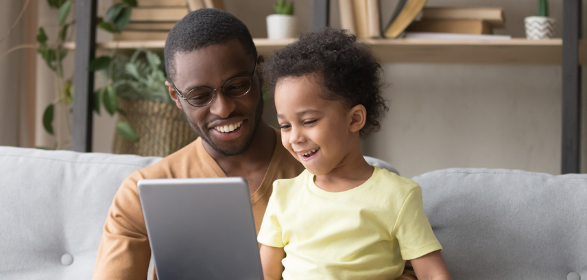2024-02- How much screentime repost_Inside Image smiling parent and child looking at tablet